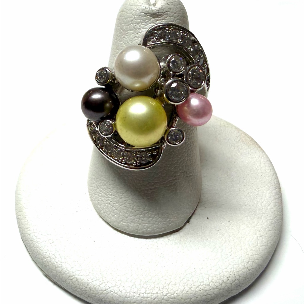 Espo Joseph Esposito Sterling Silver Pearl & Cubic Zirconia Cocktail Ring